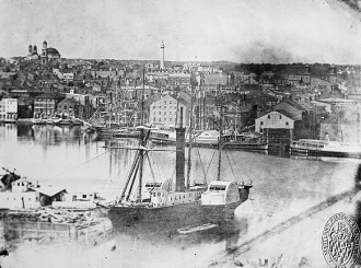 Baltimore Harbor from Federal Hill in 1849 with the Washington Monument in the Background - Public Domain